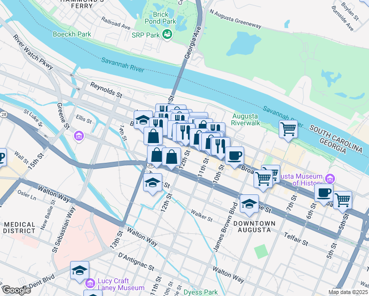 map of restaurants, bars, coffee shops, grocery stores, and more near 221 12th Street in Augusta