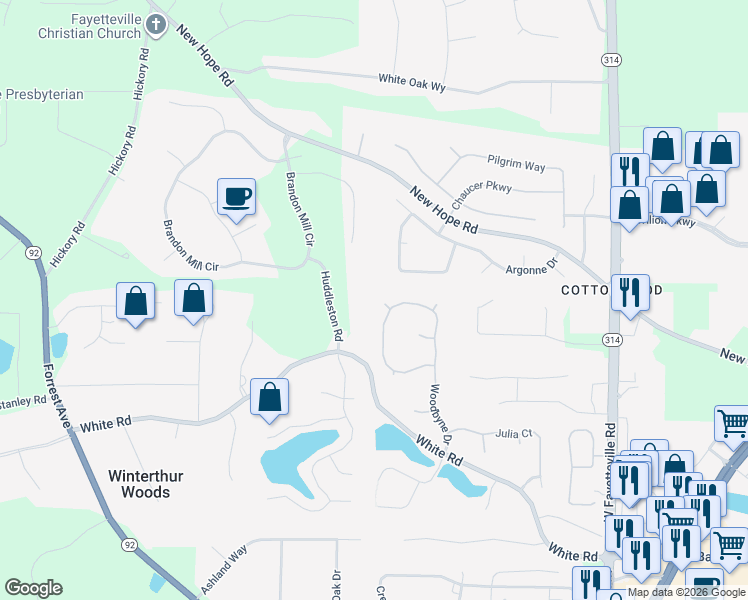 map of restaurants, bars, coffee shops, grocery stores, and more near 345 Woodbyne Drive in Fayetteville
