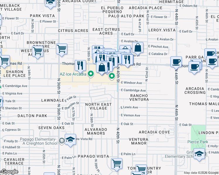 map of restaurants, bars, coffee shops, grocery stores, and more near 2620 North 40th Street in Phoenix