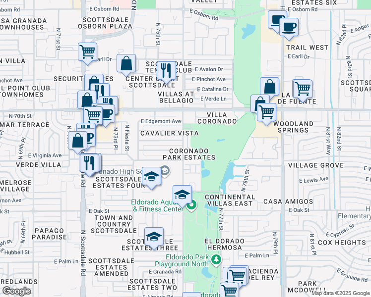 map of restaurants, bars, coffee shops, grocery stores, and more near 2647 North Miller Road in Scottsdale