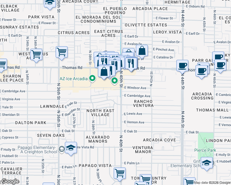 map of restaurants, bars, coffee shops, grocery stores, and more near 2558 North 40th Street in Phoenix