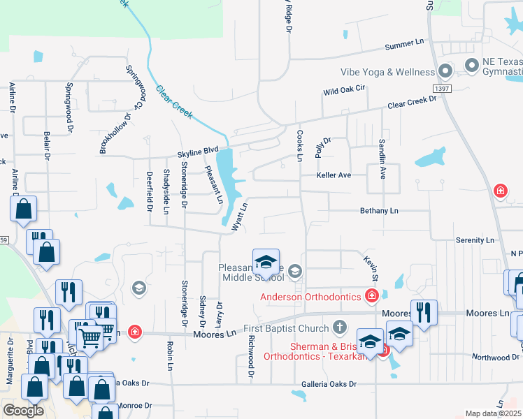 map of restaurants, bars, coffee shops, grocery stores, and more near 3505 Woodridge Drive in Texarkana