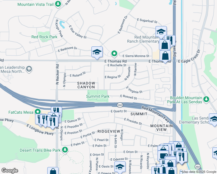 map of restaurants, bars, coffee shops, grocery stores, and more near 3410 North Sea Pines in Mesa