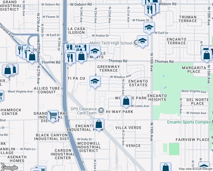 map of restaurants, bars, coffee shops, grocery stores, and more near 2212 Virginia Avenue in Phoenix