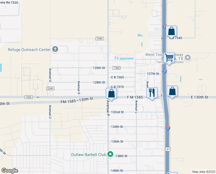 map of restaurants, bars, coffee shops, grocery stores, and more near 12801 C R 2300 in Lubbock