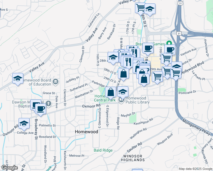 map of restaurants, bars, coffee shops, grocery stores, and more near 3027 Parkridge Drive in Homewood
