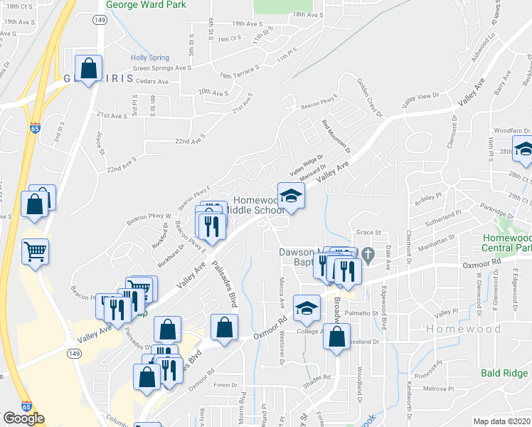 map of restaurants, bars, coffee shops, grocery stores, and more near 395 Mecca Avenue in Homewood