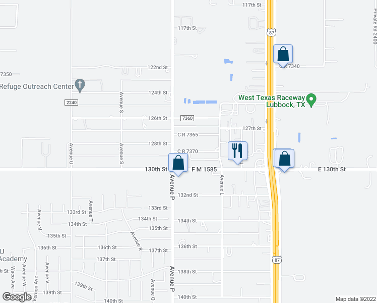 map of restaurants, bars, coffee shops, grocery stores, and more near 1599 C R 7370 in Lubbock