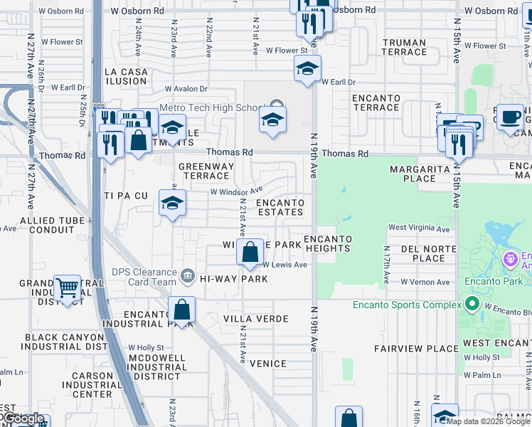 map of restaurants, bars, coffee shops, grocery stores, and more near 2602 North 20th Avenue in Phoenix