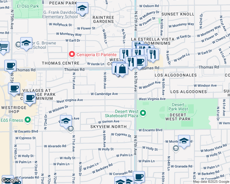 map of restaurants, bars, coffee shops, grocery stores, and more near 6822 Virginia Avenue in Phoenix