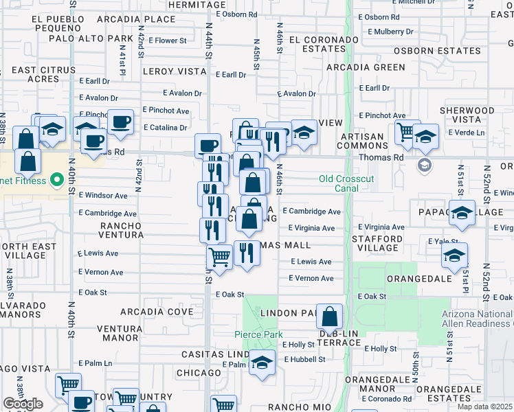 map of restaurants, bars, coffee shops, grocery stores, and more near 4515 East Thomas Road in Phoenix