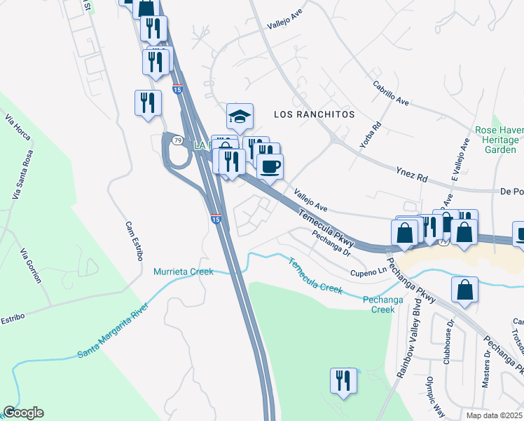 map of restaurants, bars, coffee shops, grocery stores, and more near 44580 La Paz Road in Temecula