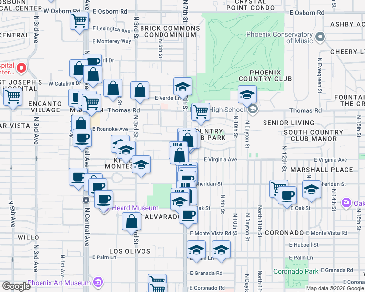 map of restaurants, bars, coffee shops, grocery stores, and more near 2611 North 7th Street in Phoenix