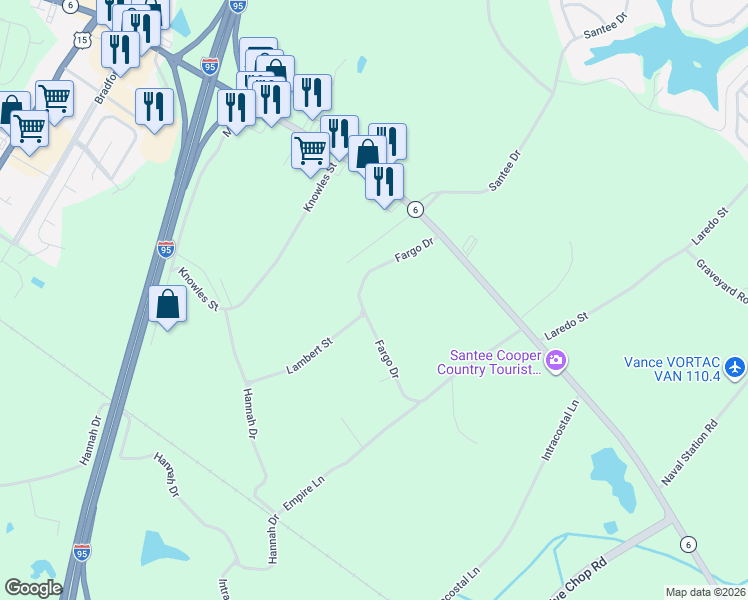 map of restaurants, bars, coffee shops, grocery stores, and more near 129 Fargo Drive in Santee