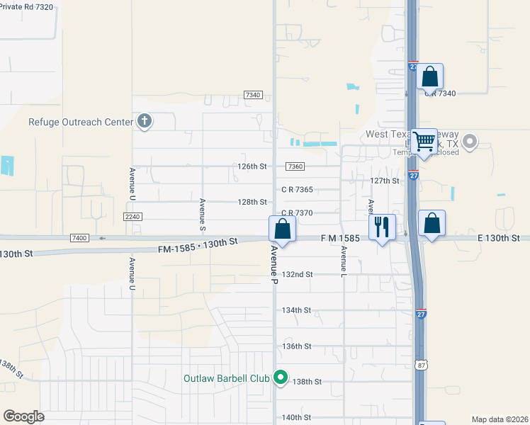 map of restaurants, bars, coffee shops, grocery stores, and more near 12801-12821 C R 2300 in Lubbock