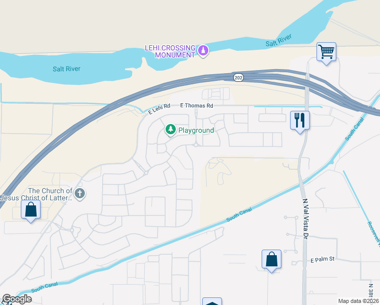 map of restaurants, bars, coffee shops, grocery stores, and more near 3347 North Arco in Mesa