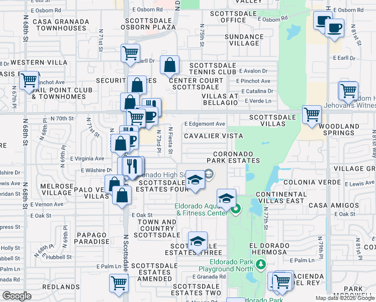 map of restaurants, bars, coffee shops, grocery stores, and more near 7414 East Virginia Avenue in Scottsdale