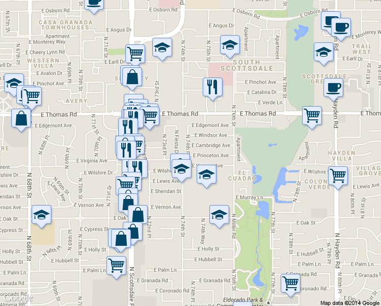 map of restaurants, bars, coffee shops, grocery stores, and more near 7414 East Virginia Avenue in Scottsdale