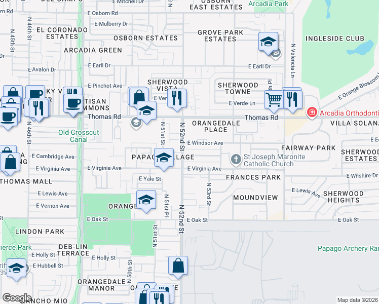 map of restaurants, bars, coffee shops, grocery stores, and more near 5211 East Cambridge Avenue in Phoenix