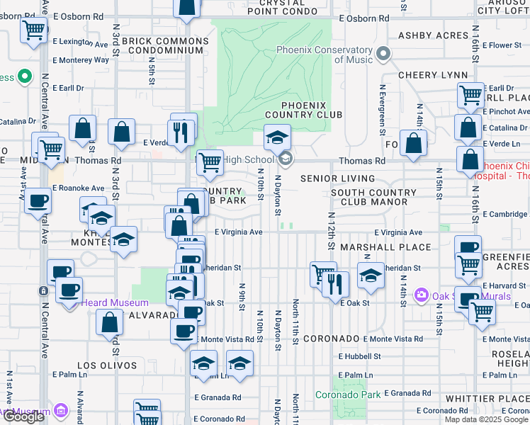 map of restaurants, bars, coffee shops, grocery stores, and more near 2607 North 10th Street in Phoenix