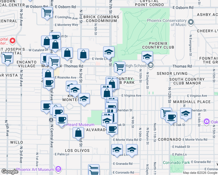 map of restaurants, bars, coffee shops, grocery stores, and more near 2611 North 7th Street in Phoenix