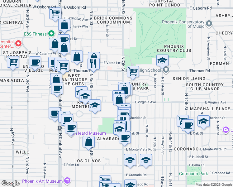 map of restaurants, bars, coffee shops, grocery stores, and more near 368 East Virginia Avenue in Phoenix