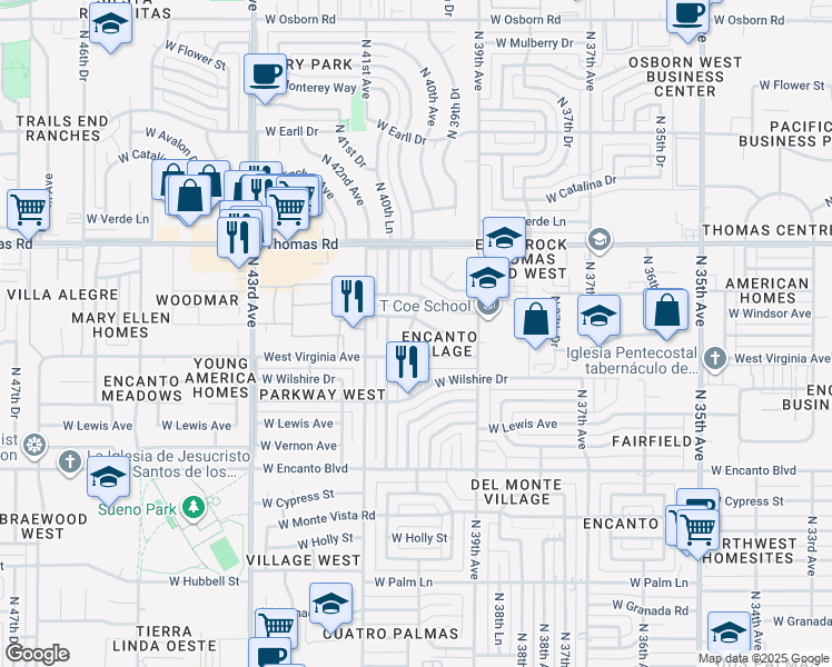 map of restaurants, bars, coffee shops, grocery stores, and more near 2602 North 40th Avenue in Phoenix