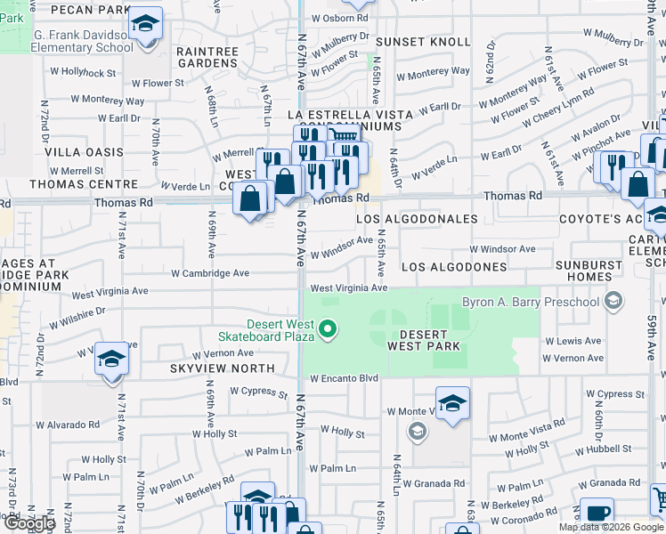 map of restaurants, bars, coffee shops, grocery stores, and more near 6616 Virginia Avenue in Phoenix