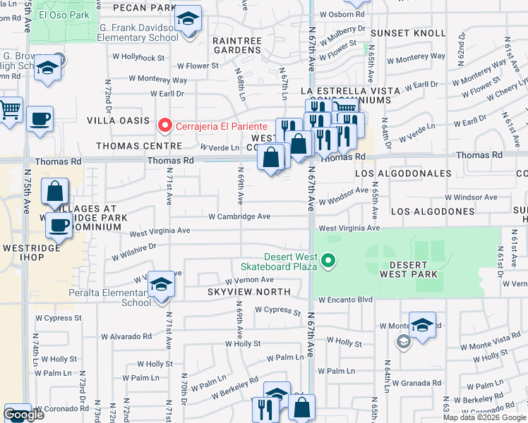 map of restaurants, bars, coffee shops, grocery stores, and more near 6822 Virginia Avenue in Phoenix