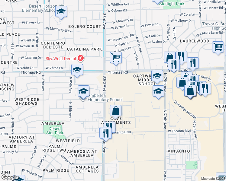 map of restaurants, bars, coffee shops, grocery stores, and more near 8400 West Virginia Avenue in Phoenix