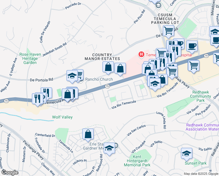 map of restaurants, bars, coffee shops, grocery stores, and more near 44621 Corte Veranos in Temecula