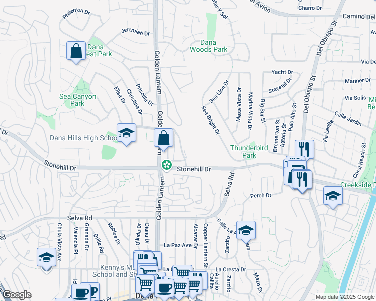 map of restaurants, bars, coffee shops, grocery stores, and more near 24851 Sherwood Way in Dana Point