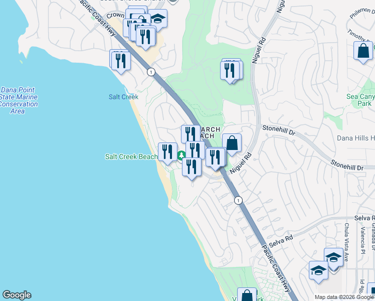 map of restaurants, bars, coffee shops, grocery stores, and more near 41 Ritz Cove Drive in Dana Point