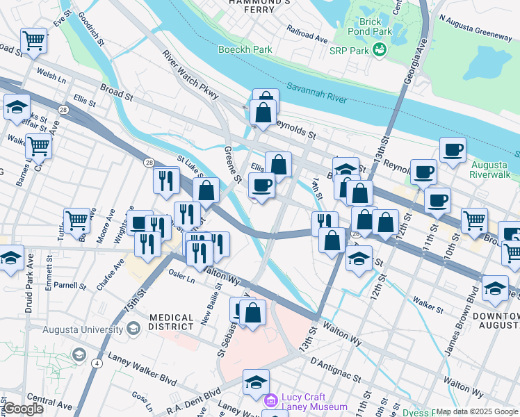 map of restaurants, bars, coffee shops, grocery stores, and more near 1450 Greene Street in Augusta