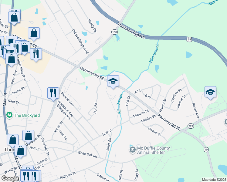 map of restaurants, bars, coffee shops, grocery stores, and more near 1817-1931 Harrison Road Southeast in Thomson