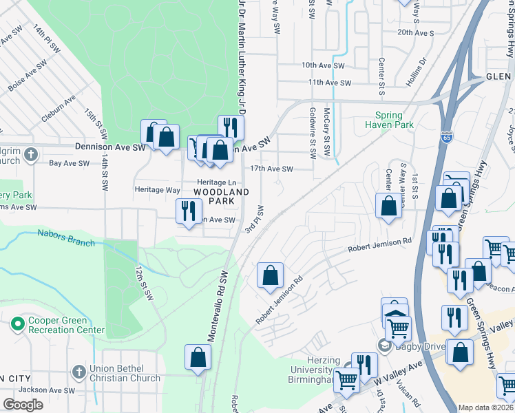 map of restaurants, bars, coffee shops, grocery stores, and more near 1825 3rd Place Southwest in Birmingham