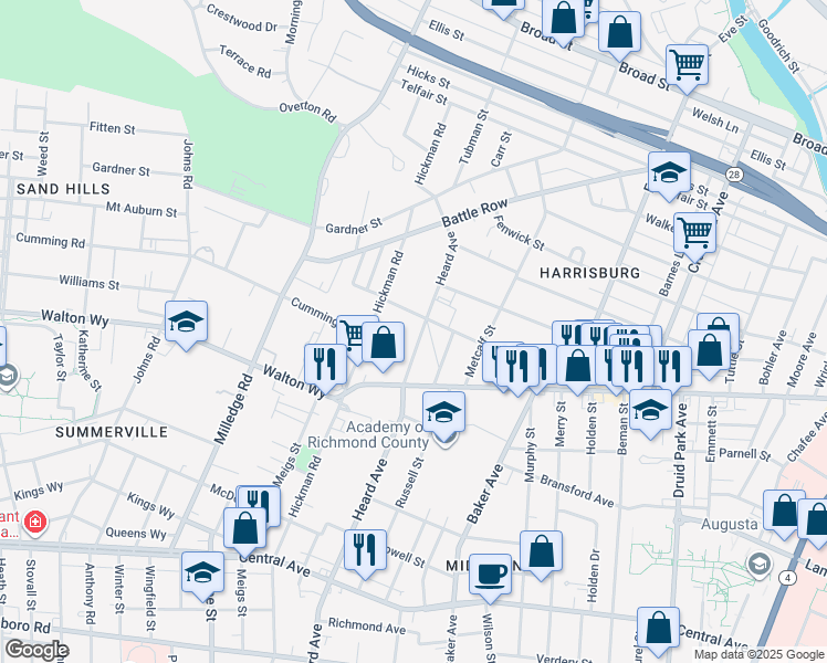 map of restaurants, bars, coffee shops, grocery stores, and more near 813 Heard Avenue in Augusta