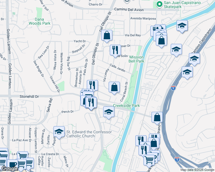 map of restaurants, bars, coffee shops, grocery stores, and more near 33421 Stern Wave Place in Dana Point