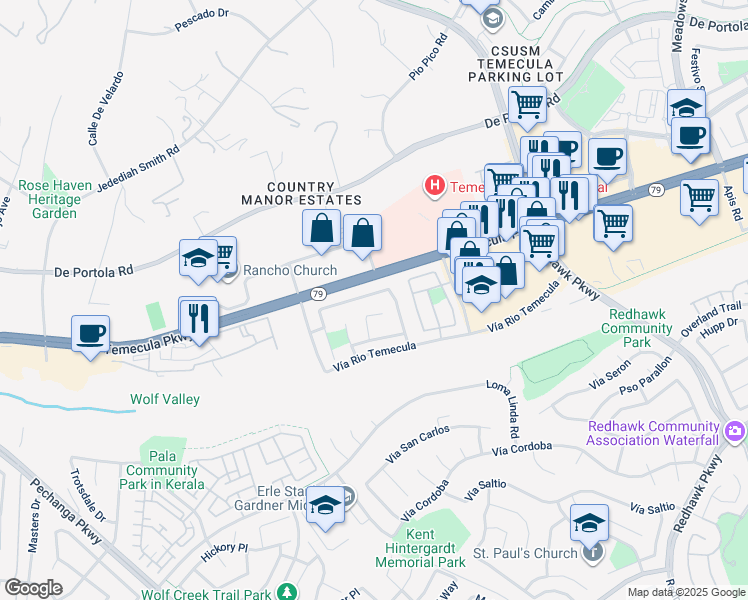 map of restaurants, bars, coffee shops, grocery stores, and more near 31569 Calle Los Padres in Temecula