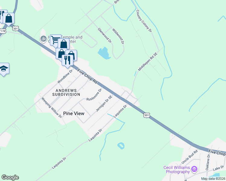 map of restaurants, bars, coffee shops, grocery stores, and more near 1101-1229 Jernigan Drive Southeast in Orangeburg