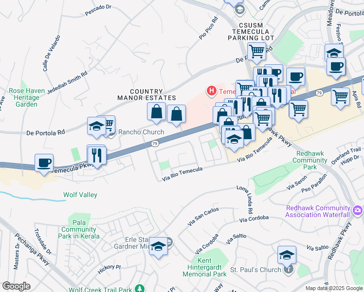map of restaurants, bars, coffee shops, grocery stores, and more near 31569 Calle Los Padres in Temecula
