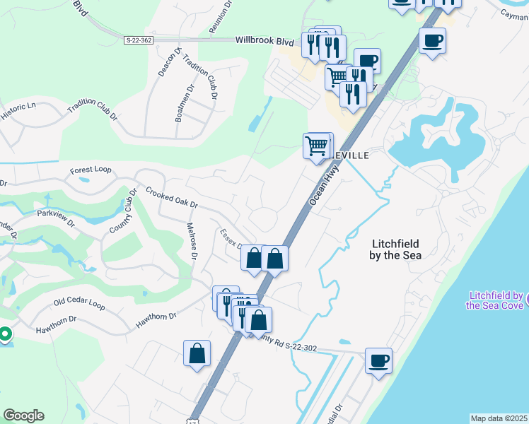 map of restaurants, bars, coffee shops, grocery stores, and more near 56 Wallys Way in Pawleys Island