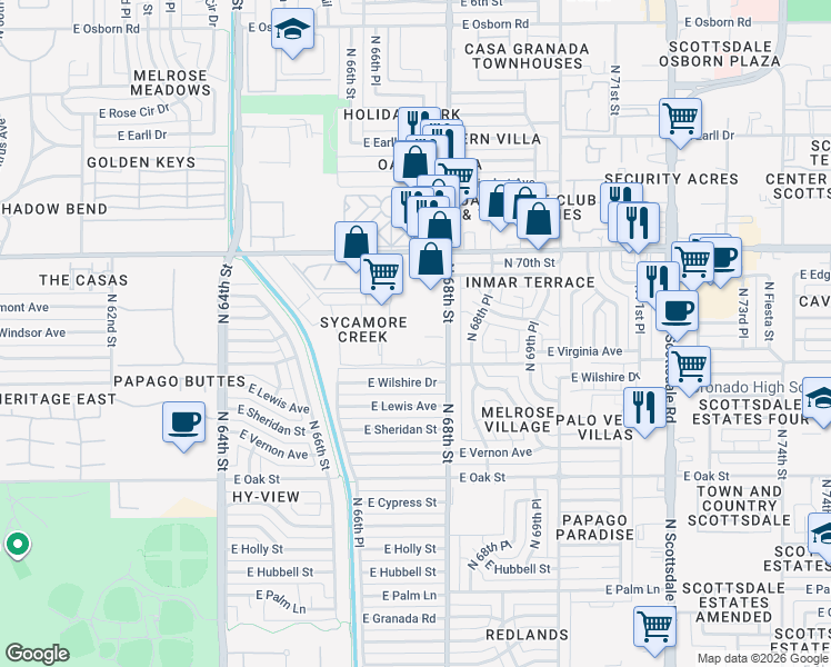 map of restaurants, bars, coffee shops, grocery stores, and more near 2620 North 68th Street in Scottsdale