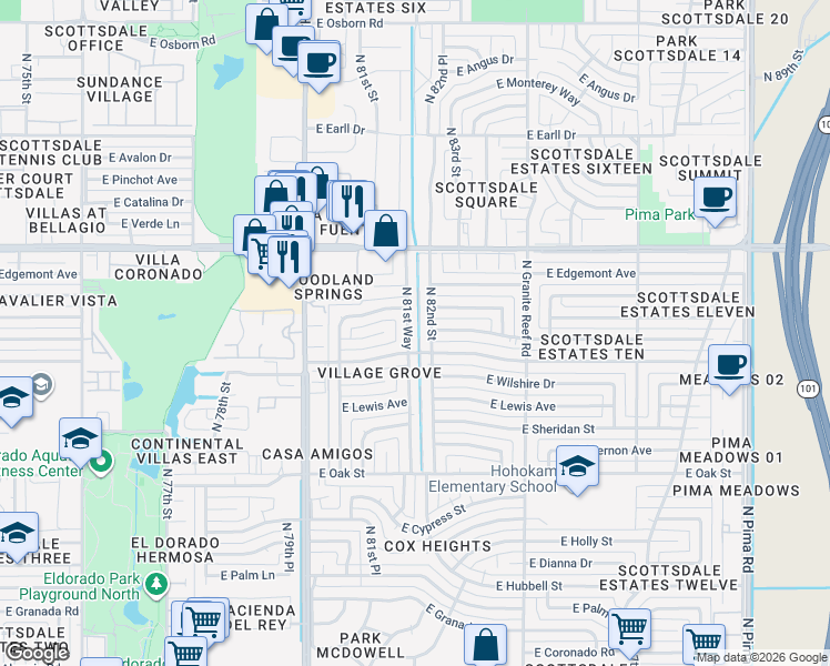map of restaurants, bars, coffee shops, grocery stores, and more near 2557 North 81st Way in Scottsdale