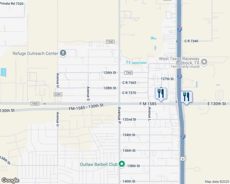 map of restaurants, bars, coffee shops, grocery stores, and more near 12801-12821 C R 2300 in Lubbock
