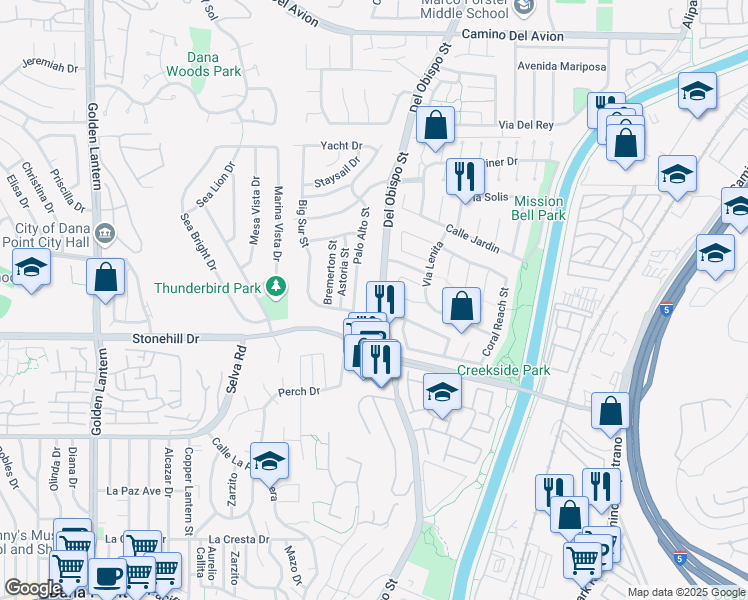map of restaurants, bars, coffee shops, grocery stores, and more near 33422 Valley View Court in Dana Point