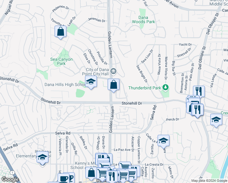 map of restaurants, bars, coffee shops, grocery stores, and more near 33401 Nottingham Way in Dana Point