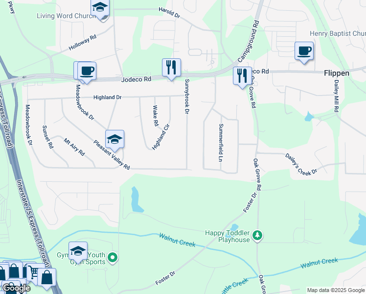 map of restaurants, bars, coffee shops, grocery stores, and more near 150 Sunnybrook Drive in McDonough