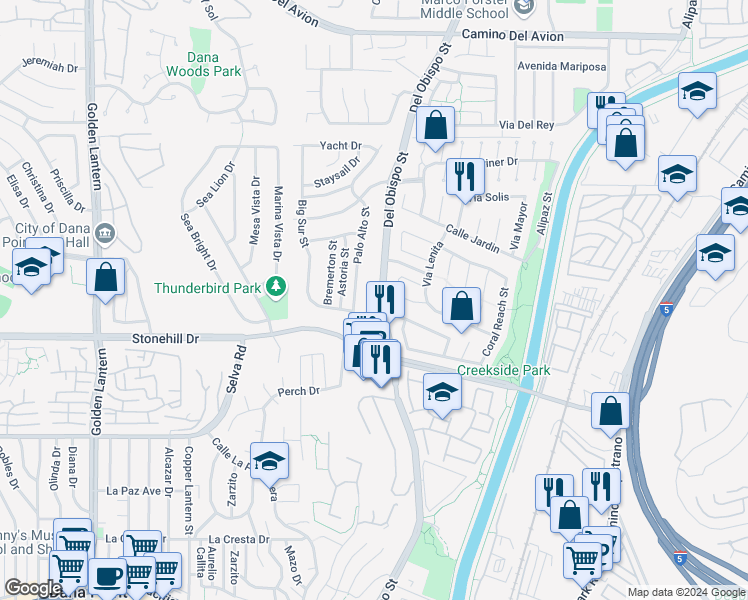 map of restaurants, bars, coffee shops, grocery stores, and more near 33422 Valley View Court in Dana Point