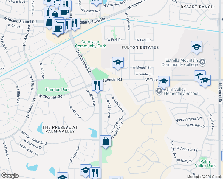 map of restaurants, bars, coffee shops, grocery stores, and more near 2721 North 137th Avenue in Goodyear